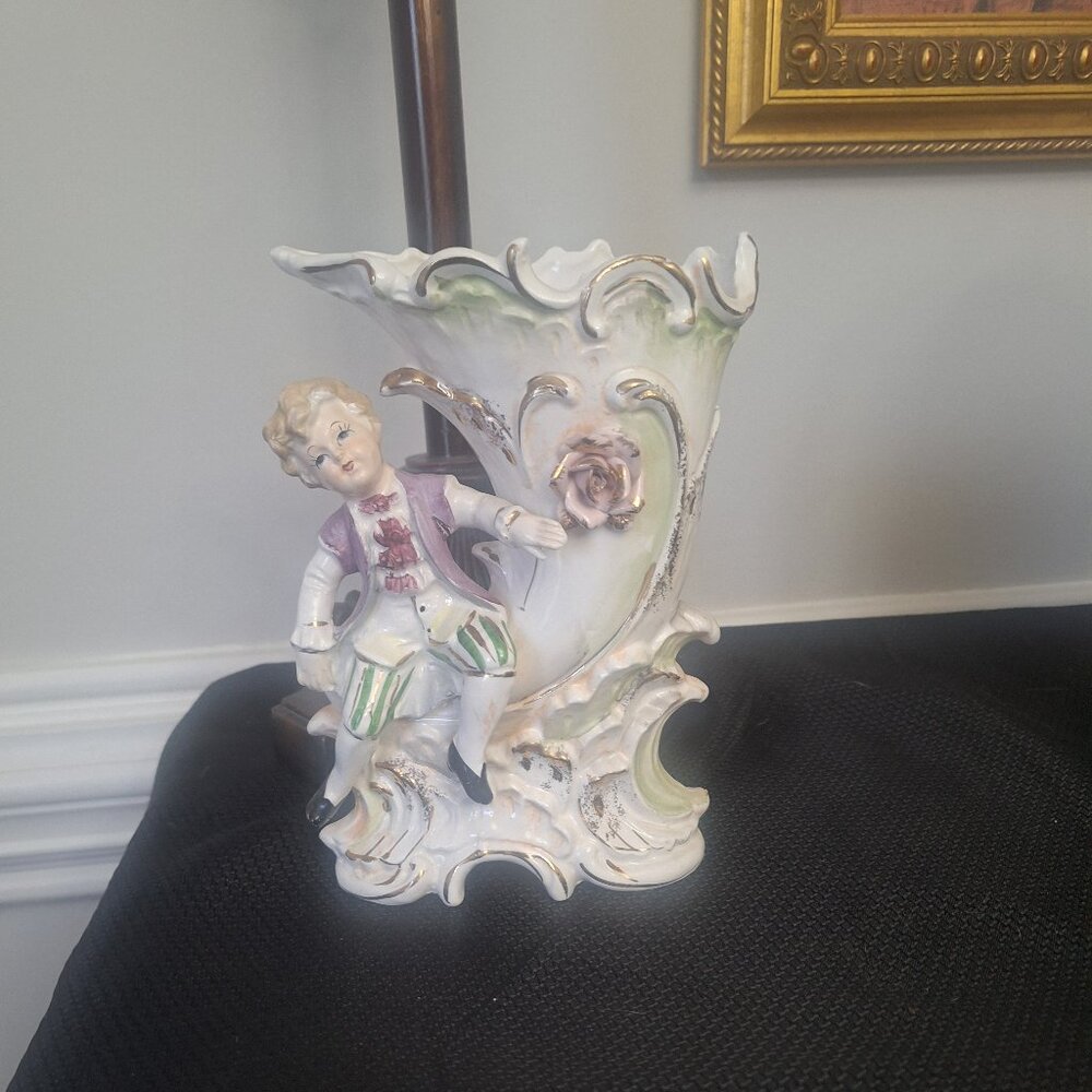 Vintage Mid-Century Chase Porcelain Cornucopia Angel Cherub Vase Planter